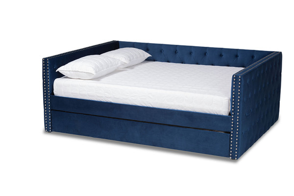Larkin Modern and Contemporary Navy Blue Velvet Fabric Upholstered Queen Size Daybed with Trundle CF9227-Navy Blue Velvet-Daybed-Q/T