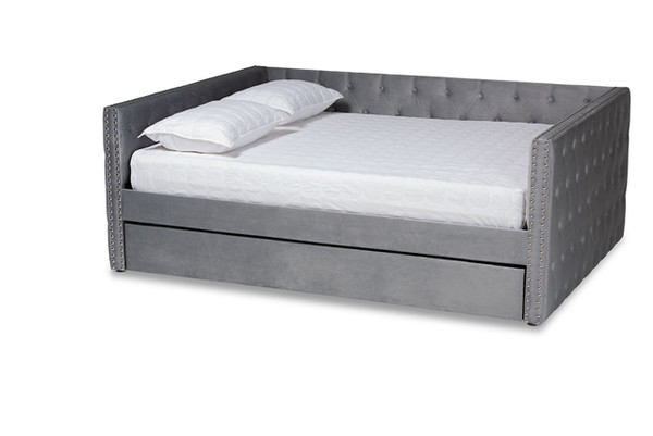 Larkin Modern and Contemporary Grey Velvet Fabric Upholstered Queen Size Daybed with Trundle CF9227-Silver Grey Velvet-Daybed-Q/T