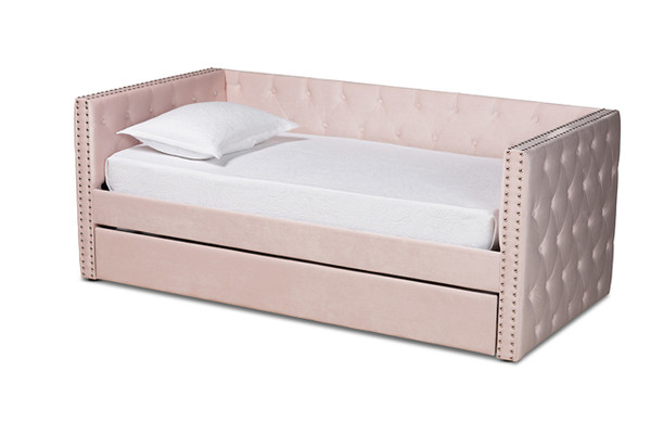 Larkin Modern and Contemporary Pink Velvet Fabric Upholstered Twin Size Daybed with Trundle CF9227-Pink Velvet Velvet-Daybed-T/T