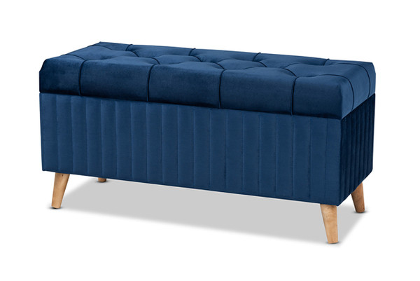 Hanley Modern and Contemporary Navy Blue Velvet Fabric Upholstered and Walnut Brown Finished Wood Storage Ottoman HY2A19B046S-Navy Blue Velvet-Otto