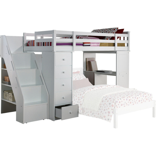 79" X 42" X 66" White Solid Wood Loft Bed And Bookshelf Ladder (285923)