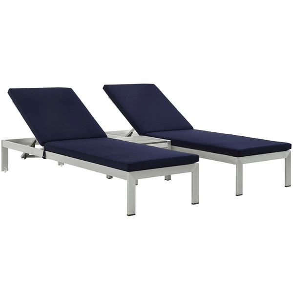 Shore 3 Piece Outdoor Patio Aluminum Chaise With Cushions EEI-2736-SLV-NAV-SET