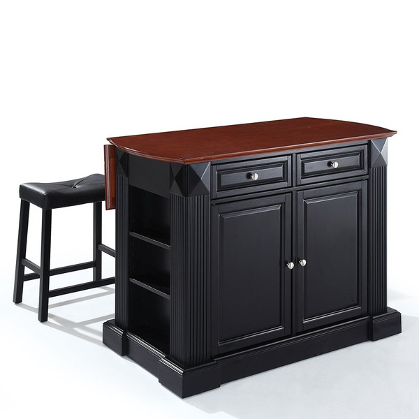 Coventry Drop Leaf Breakfast Bar Top Kitchen Island - Black With 24" Stools (KF300074BK)