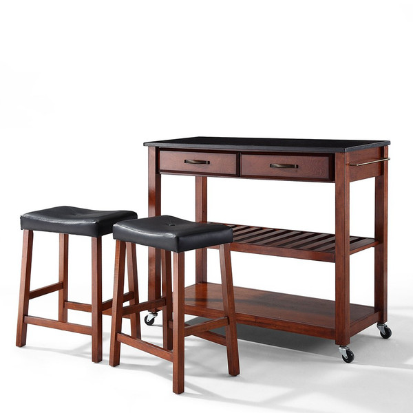 Solid Black Granite Top Kitchen Island - Classic Cherry With 24" Stools (KF300544CH)