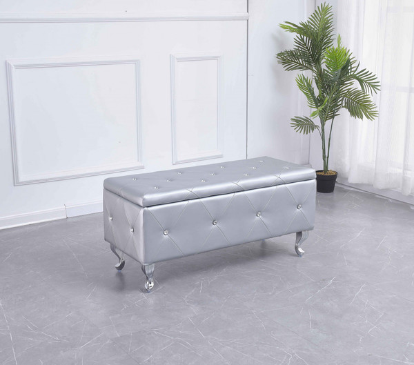 Silver Tufted Hard Wood Storage Bench (302893)