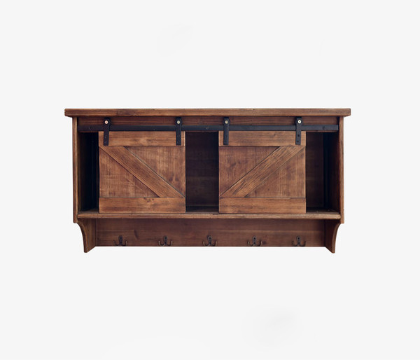 Rustic Wooden Shelf With Barn Door Storage And Hooks (370380)