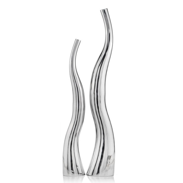 Set Of 2 - Modern Tall Silver Aluminum Squiggly Vases (373780)