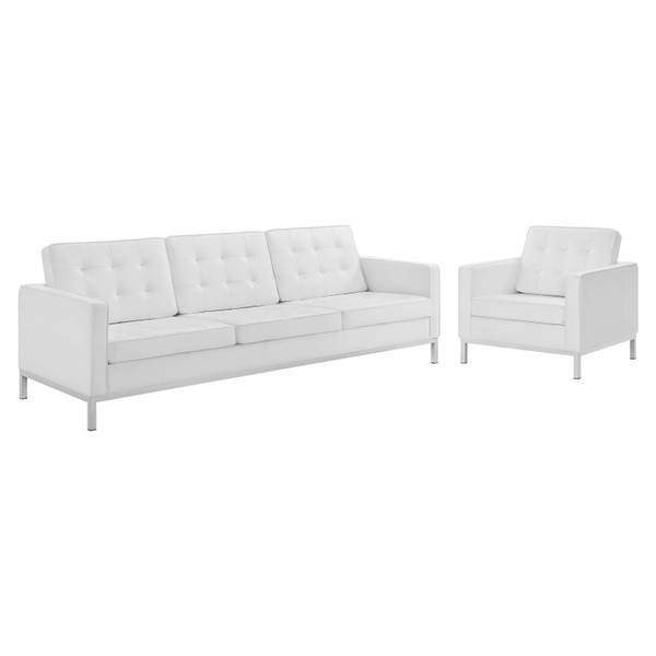 Loft Tufted Upholstered Faux Leather Sofa And Armchair Set EEI-4104-SLV-WHI-SET