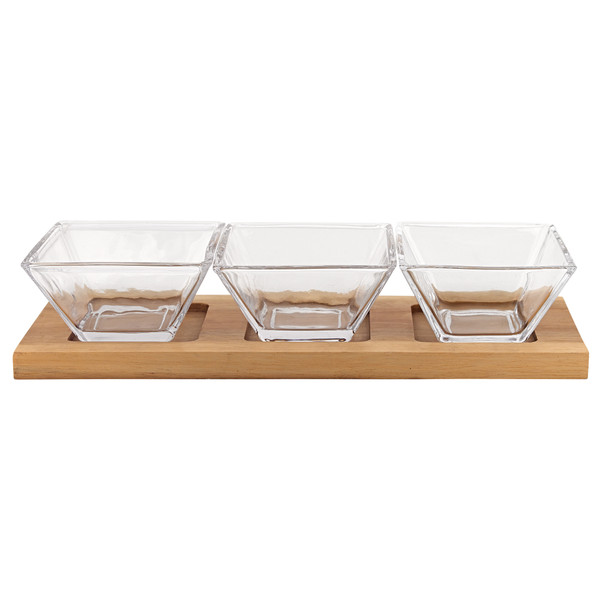 4" Mouth Blown Crystal Hostess Set - 4 Pc With 3 Glass Condiment Or Dip Bowls On A Wood Tray (375724)