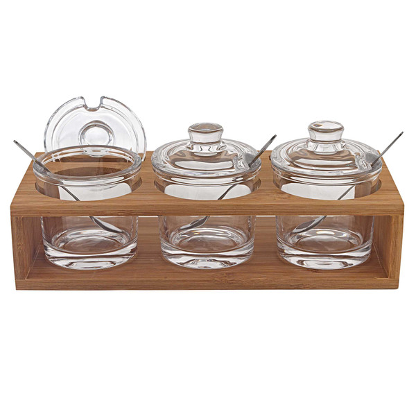 6" Mouth Blown Crystal Jam Set With 3 Glass Jars And Spoons On A Wood Stand (375725)