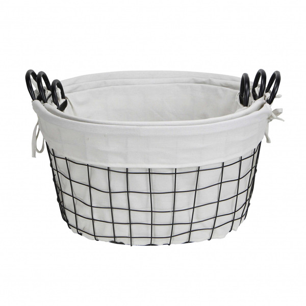 Set Of 3 - Oval White Lined And Metal Wire Baskets With Handles (379831)