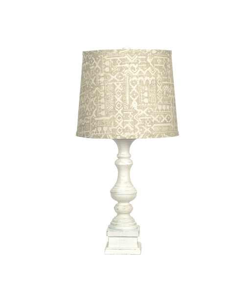 Distressed White Table Lamp With Patterned Tan Linen Shade (380161)