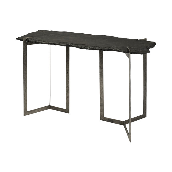 Rectangular Black Live Edge Slate Console Table With Double Pedestal Base (380247)