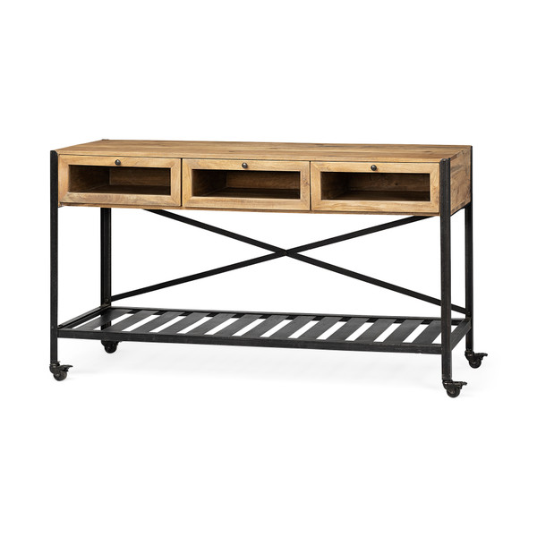Brown Wood Kitchen Island With Wooden Top And Slatted Metal Shelves (380612)