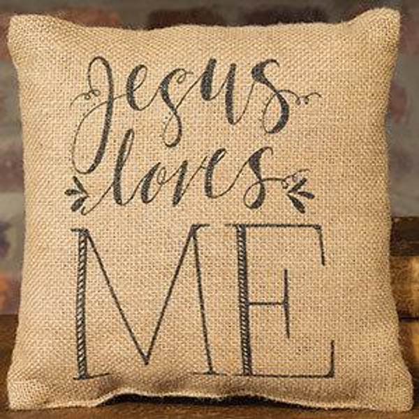 8X8" Small Burlap Jesus Loves Me Pillow (Pack Of 13) (83915)