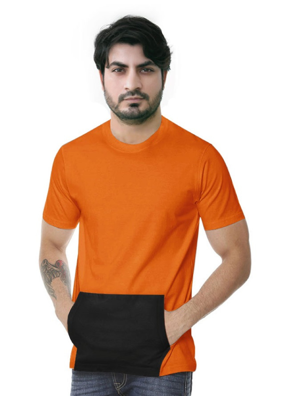 Kangaroo pocket t-shirt / Two Tone color - Orange - Black pocket | T-Shirts