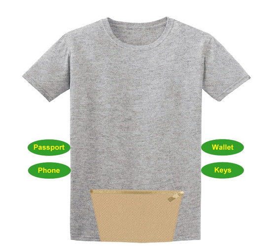 Bucket pocket T-shirt with zipper closure . Beige pocket . KangrooT