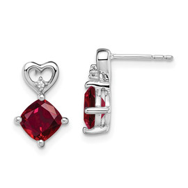 14k White Gold Created Ruby and Diamond Heart Earrings