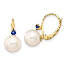 14K 8-8.5mm White Round FWC Pearl Sapphire Leverback Earrings