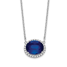 14k White Gold Oval Created Sapphire/Diamond 18in. Halo Necklace