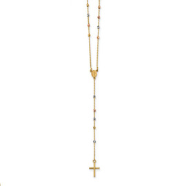 14k Tri-color Polished Bead Rosary Hollow Miraculous Medal 24 inch Necklace