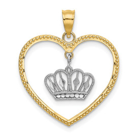 14k& White Rhodium Beaded Heart w/ Dangling Crown Charm