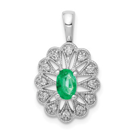 14k White Gold Fancy Diamond and Oval Emerald Pendant