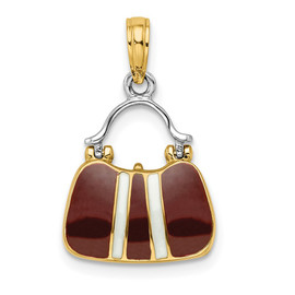 14K & Rhodium 3-D Maroon and White Enameled Opens Purse Charm