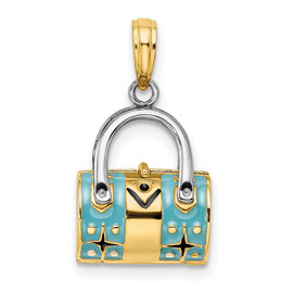 14K & Rhodium 3-D Teal Enameled Opens Duffle/Purse Charm