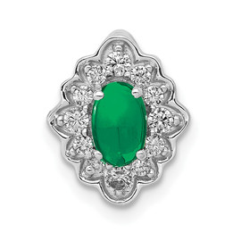 14k White Gold Fancy Halo Diamond and Cabochon Emerald Chain Slide