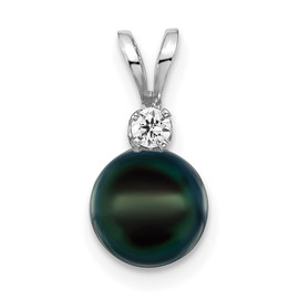 14kw 7-8mm Black Round Saltwater Akoya Cultured Pearl Diamond Post Pendants