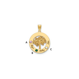 14KY Family Tree in Circle 3 Names and Birthstones w/ 18k Bezel Pendant