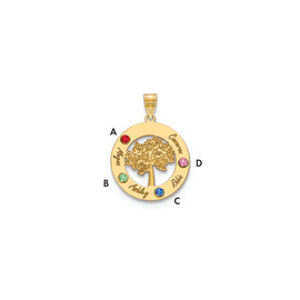 14KY Family Tree in Circle 4 Names and Birthstones w/ 18k Bezel Pendant