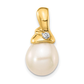 14K .01ct Diamond 9-10mm White Rice FWC Pearl Pendant