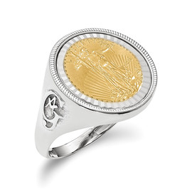 Wideband Distinguished Coin Jewelry 14k White Gold Men's Polished Textured and Diamond-cut with Masonic Sides Mounted 1/10oz American Eagle Coin Bezel Ring