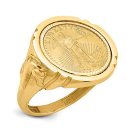 Wideband Distinguished Coin Jewelry 14k Polished and Diamond-cut with Horse Sides Mounted 1/10oz American Eagle Coin Bezel Ring