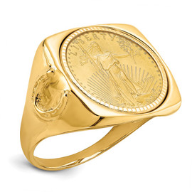 Wideband Distinguished Coin Jewelry 14k Men's Polished and Diamond-cut with Horseshoe Sides Square Shaped Mounted 1/10oz American Eagle Coin Bezel Ring