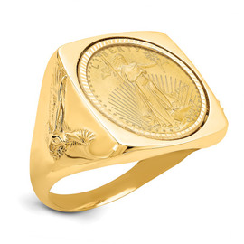 Wideband Distinguished Coin Jewelry 14k Men's Polished and Diamond-cut with Flying Eagle Side Square Shaped Mounted 1/10oz American Eagle Coin Bezel Ring
