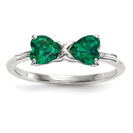 14k White Gold Polished Created Emerald Bow Ring