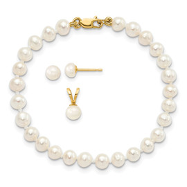 14k 4-5mm White FW Cultured Pearl Pendant, 5in Bracelet & Earring Set