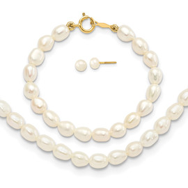 14k White FW Cultured Pearl 12" Necklace, 4" Bracelet & Earring Set
