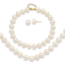 14K 8-9mm Near Rnd FWC Pearl Earring w/1in ext Bracelet w/2in Necklace Set