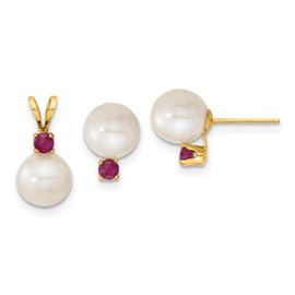 14k 7-8mm White FW Cultured Pearl & Ruby Stud Earrings & Pendant
