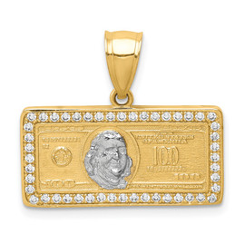 10K w/Rhodium CZ Micropave 100 Dollar Bill Pendant