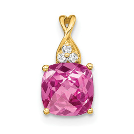 10k Checkerboard Created Pink Sapphire and Diamond Pendant