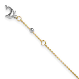14K Two-tone Polished Dolphin 9in Plus 1in ext. Anklet