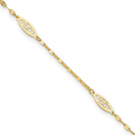 14K Polished Fancy Filigree Link 9in Plus 1 in ext. Anklet