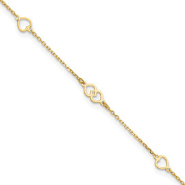 14K Polished Hearts 9in Plus 1 in ext. Anklet