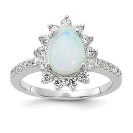 Cheryl M Sterling Silver Rhodium-plated Cabochon Lab Created Opal and Brilliant-cut CZ Teardrop Halo Ring