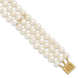 14k 6-7mm White Near Round FW Cultured Pearl 3-strand Bracelet